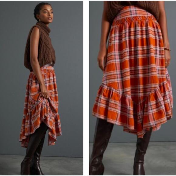 Anthropologie Plaid A-Line Midi Skirt high low high waisted...
